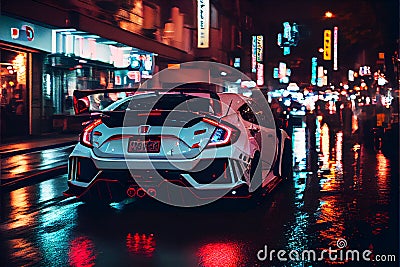 Modern Sports car at night on an old cobbled wet street Stock Photo