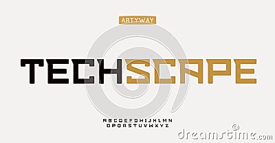 Modern square alphabet, angular geometric letters, minimalistic slab serif font for tech branding, futuristic digital Vector Illustration