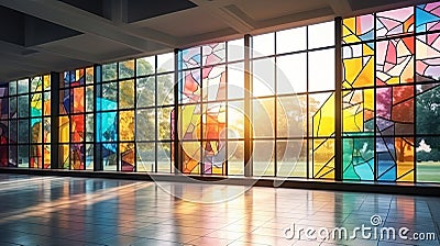 Modern stained glass windows with bright colored glasses in a modern building Stock Photo