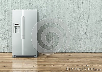 Modern Stainless Steel Refrigerator on a concrete wall and on a wooden floor - 3D Rendering Stock Photo