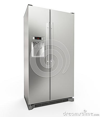 Modern Stainless Steel Refrigerator isolated on white background - 3D Rendering Stock Photo