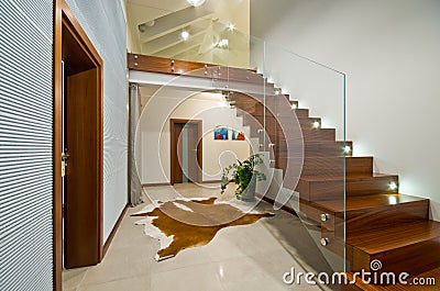 Modern stairs with glass handrail Stock Photo