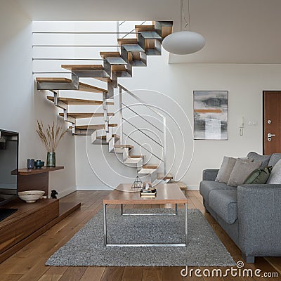 Modern stairs in simple living room Editorial Stock Photo