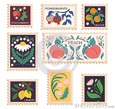 Modern Stamps With Fruits And Flowers Designs. Postmarks With Pomegranate, Orange Or Mandarin, Strawberry, Lemon Vector Illustration