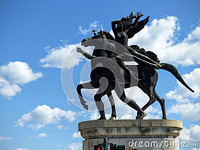 Modern statues of the bridge of the Victory to Verona in Italy. Editorial Stock Photo