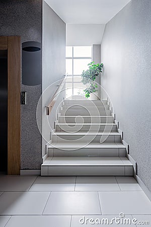 Modern steel elevator. Stairs, interior, office. perspective wide angle. Stock Photo