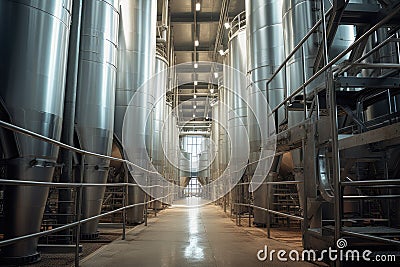 Modern steel silos for storing grain and milk. Industrial background, Modern Granary elevator. Silver silos on agro-processing and Stock Photo