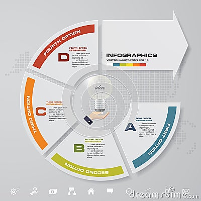 Modern 4 steps with arrow infographic element with set of icons for presentation. Vector Illustration