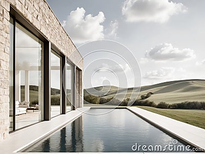 Modern stone house with large windows and pool overlooking a scenic hillside landscape. Stock Photo