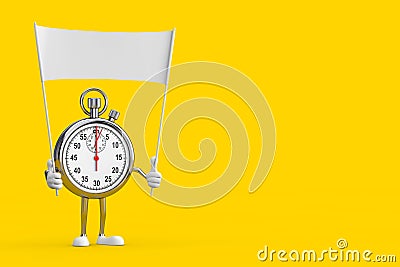 Modern Stopwatch Cartoon Person Character Mascot and Empty White Blank Banner with Free Space for Your Design. 3d Rendering Stock Photo