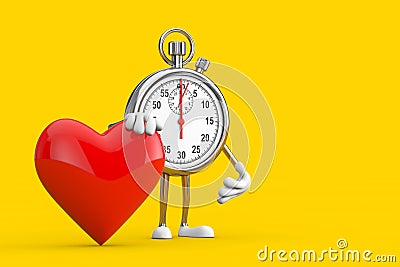 Modern Stopwatch Cartoon Person Character Mascot with Red Heart. 3d Rendering Stock Photo