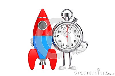Modern Stopwatch Cartoon Person Character Mascot with Cartoon Toy Rocket. 3d Rendering Stock Photo