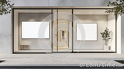 Modern storefront with large glass windows displaying blank white frames inside a minimalist gallery. The clean, open Stock Photo