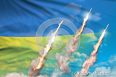 Modern strategic rocket forces concept on blue sky background, Ukraine supersonic warhead attack - military industrial 3D Cartoon Illustration