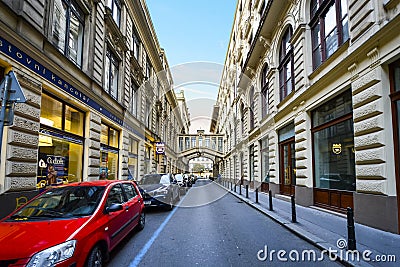 A modern street with a pedestrian sky bridge near Old Town Prague Czechia Editorial Stock Photo