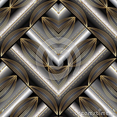 Modern striped floral seamless pattern. Vector abstract geometric background with gold 3d stripes, lines, stitches, rhombus, oval Vector Illustration