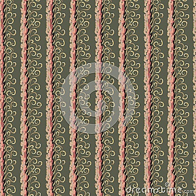 Abstract beige and pink stripes and golden curls. Vector Illustration