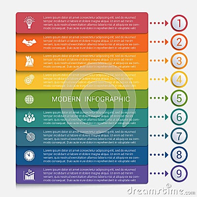 Modern strips infographics 9 options banner Vector Illustration