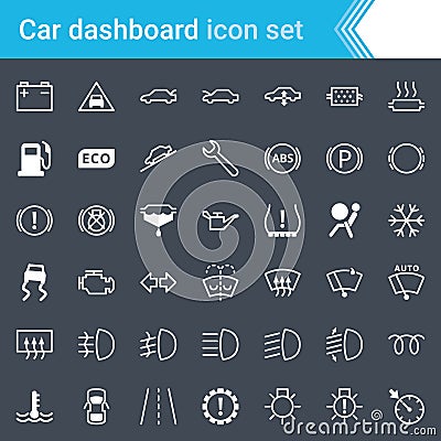 Modern, stroked car dashboard, indicators and service maintenance icons isolated on dark background. Vector Illustration