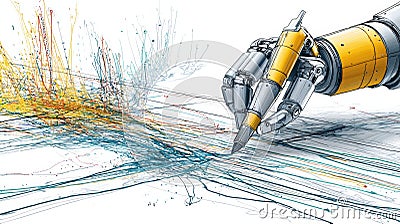 Robotic Hand Creates Abstract Art on Canvas Using Algorithmic Lines in a Contemporary Studio Setting Stock Photo