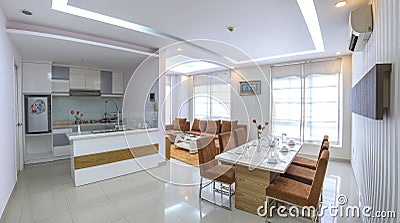 Modern style apartment combines living room, dining room, large space Editorial Stock Photo