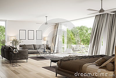 Modern style bedroom and living room with outdoor terrace and nature view 3d render Stock Photo