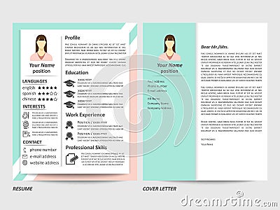 Female resume and cover letter template Vector Illustration