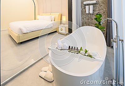 Modern style interior design of bathroom and bedroom Stock Photo