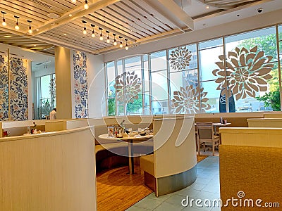 Modern style of interior design of Fuji Japanese restaurant with circle chair and table in Blueport shopping mall Hua Hin, Editorial Stock Photo