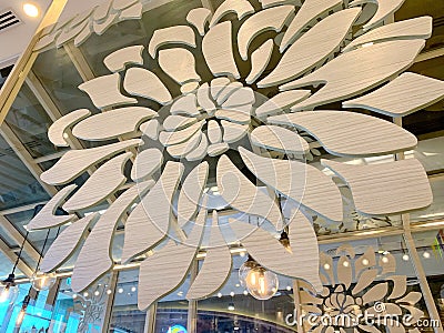Modern style of interior design of Fuji Japanese restaurant flower pattern on glass in Blueport shopping mall Hua Hin, Thailand Editorial Stock Photo
