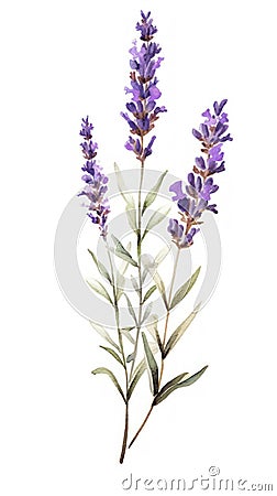 Modern Style Lavender Sprig on White Background in Watercolor . Stock Photo