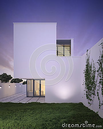 Modern style minimalist house exterior at dusk Stock Photo