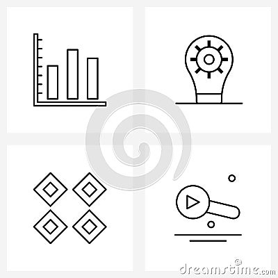 Modern Style Set of 4 line Pictograph Grid based graph, menu button, chart, idea, play Vector Illustration