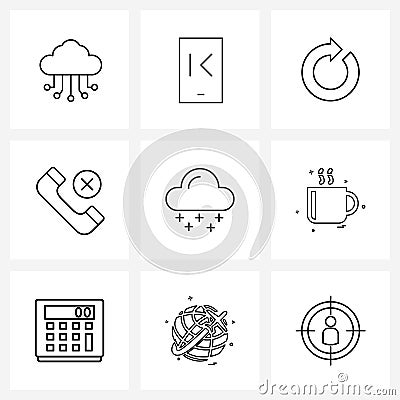 Modern Style Set of 9 line Pictograph Grid based weather, cross, basic, phone, call Vector Illustration