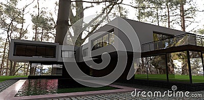 Forest reflected on a windows. High tech house with pool. 3d rendering. Good for resources about contemporary real estate design. Stock Photo