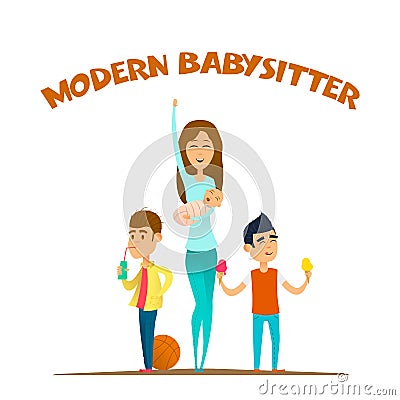 Modern stylish babysitter. Cartoon Illustration