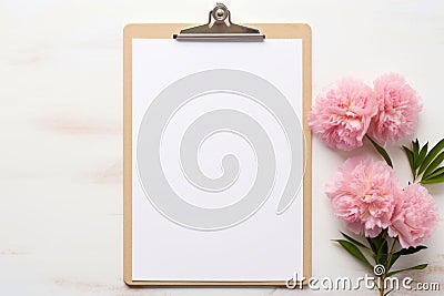 Classy White Clipboard with Cheery Pink Carnations Stock Photo