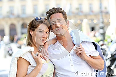 Modern stylish couple in the middle of the street Stock Photo