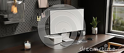 Modern stylish home workspace interior with computer mockup on dark wood table Cartoon Illustration