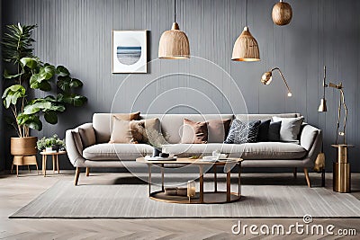 Modern and Stylish living room interior design - AI Generated Stock Photo