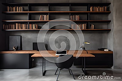 Interior design of a modern dark loft home office.GenerativeAI. Cartoon Illustration