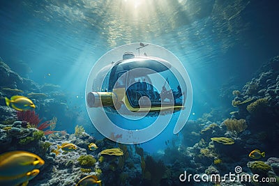 modern submersible gliding through stunning underwater landscape with colorful fish Stock Photo