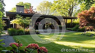 Modern suburban home, lush garden, eyelevel view, clear daylight , clean sharp focus Stock Photo