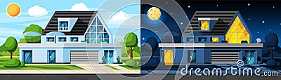 Modern Suburban House. Day and Night Cycle Vector Illustration