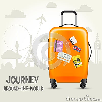 Modern suitcase with travel tags - sightsseeing around the world Vector Illustration