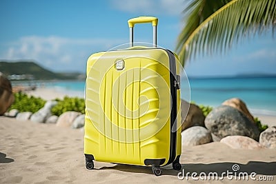 Modern suitcase with wheels on beach, travel and adventure design with space for text Stock Photo