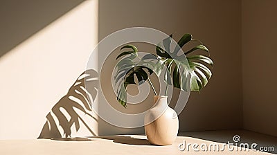 Modern summer minimal of plant in sunlight with long shadows on beige wall background Stock Photo