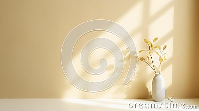 Modern summer minimalist of beige wall in sunlight with long shadows and vase, copy space interior lifestyle Mediterranean scene Stock Photo