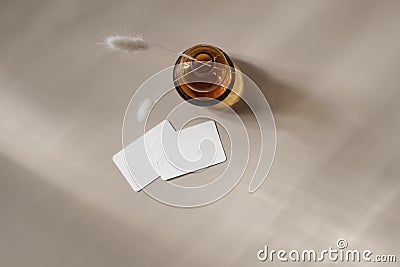 Modern summer stationery still life scene. Amber glass vase with dry lagurus grass. Blank business cards on beige table Stock Photo