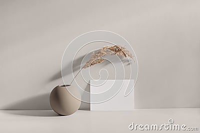 Modern summer stationery still life scene. Beige spheric vase with dry lagurus grass. Table background in sunlight Stock Photo